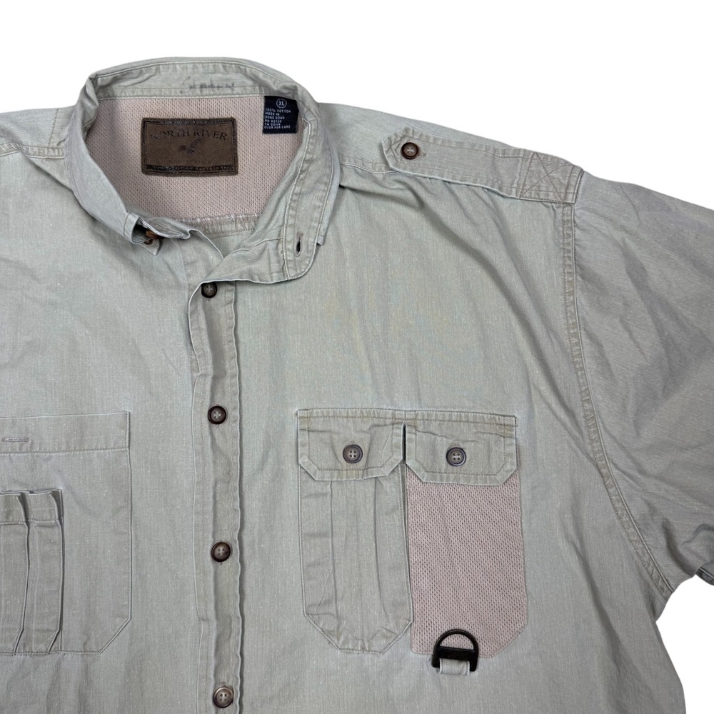 North River Mens XL Khaki Tan Short Sleeve Utility Fishing Hiking Shirt Cotton